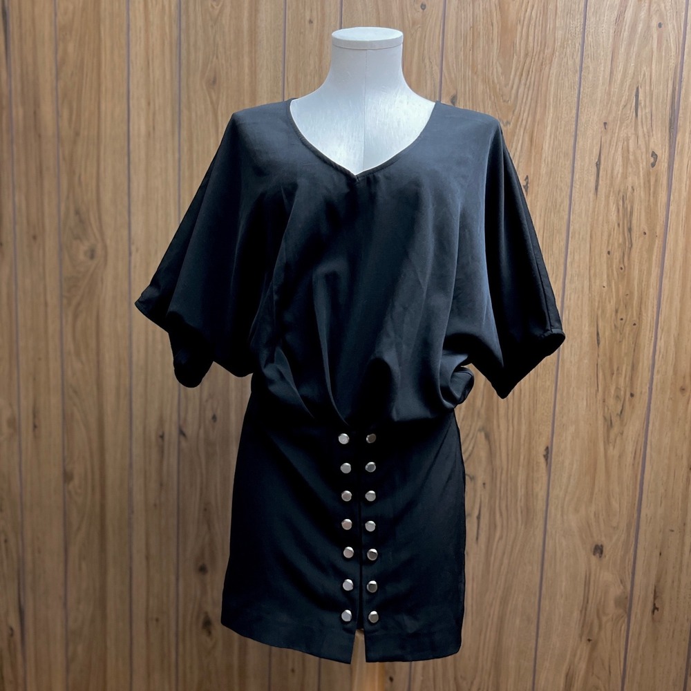 Free People Black V-Neck Dolman Sleeve Snap Button Front Mini Dress Size 6
